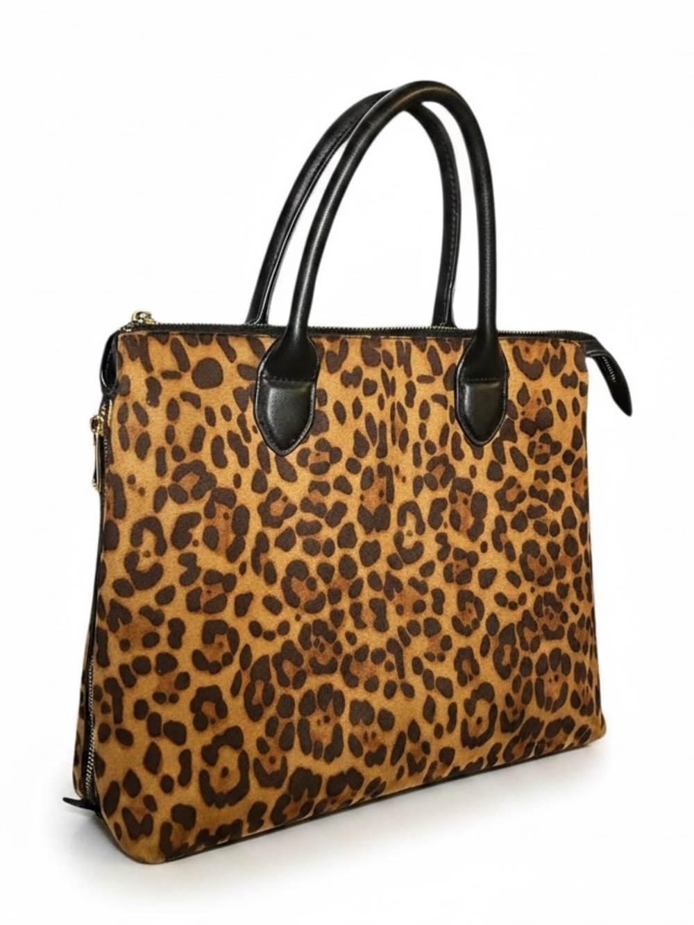 Leopard Print Suede Satchel Bag Expandable Sides Top Handle - Picture 2 of 11